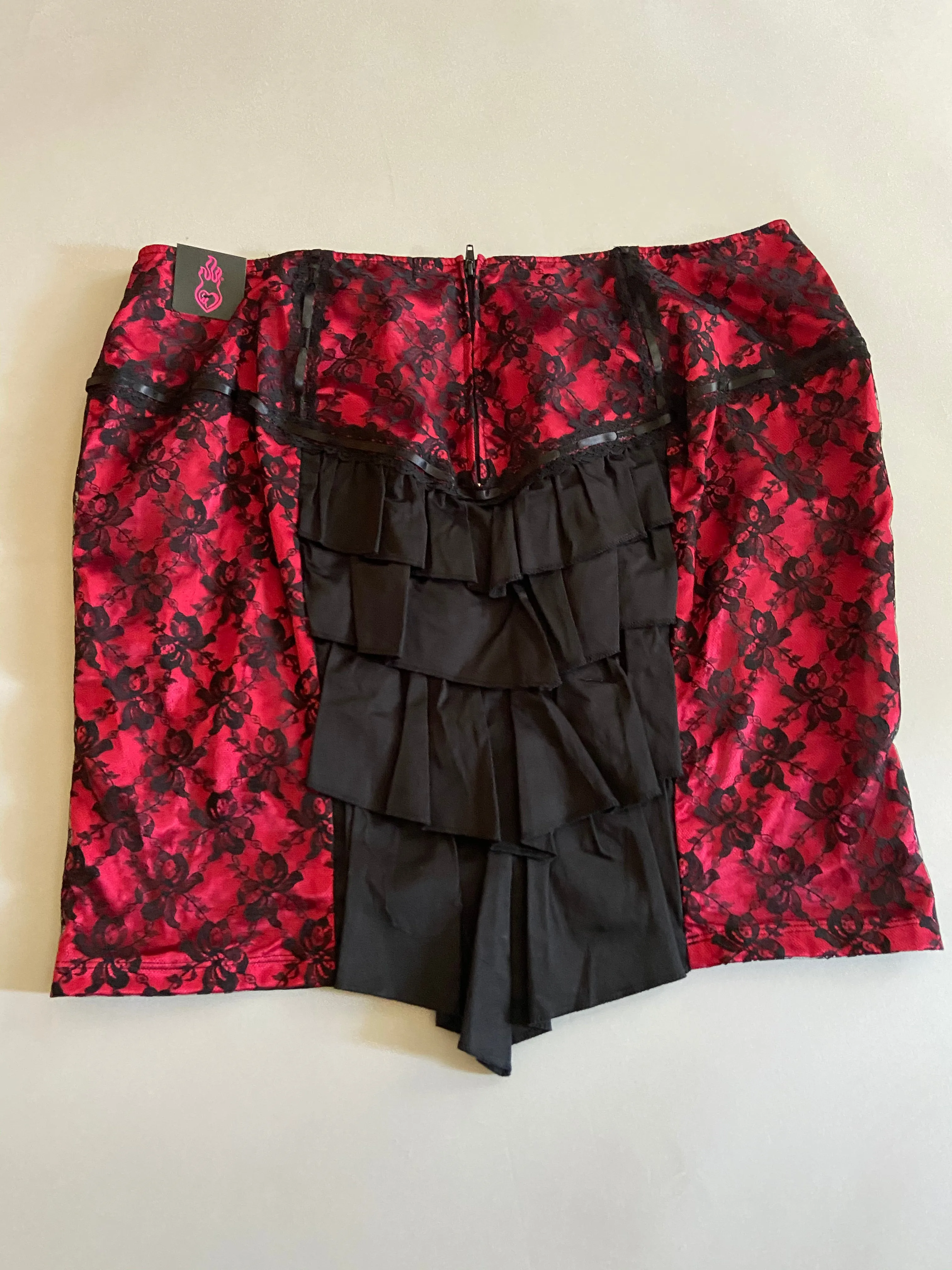 Vintage Lip Service for Torrid Red Satin & Black Lace pencil skirt