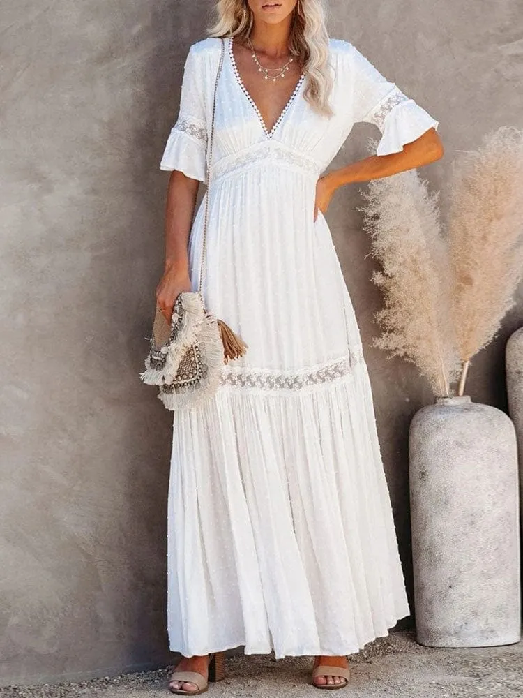 White Lace High Waist Boho Maxi Dress