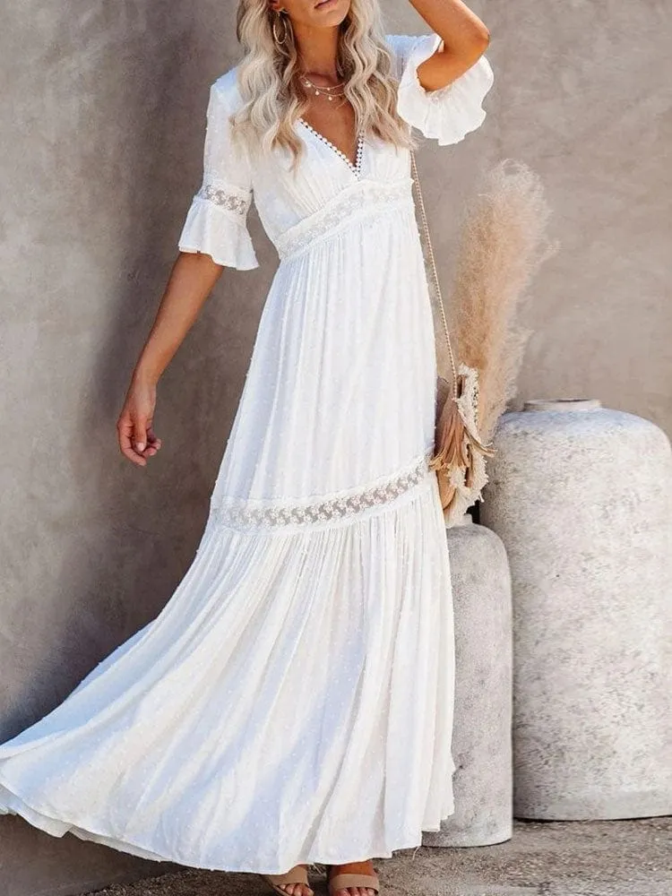 White Lace High Waist Boho Maxi Dress