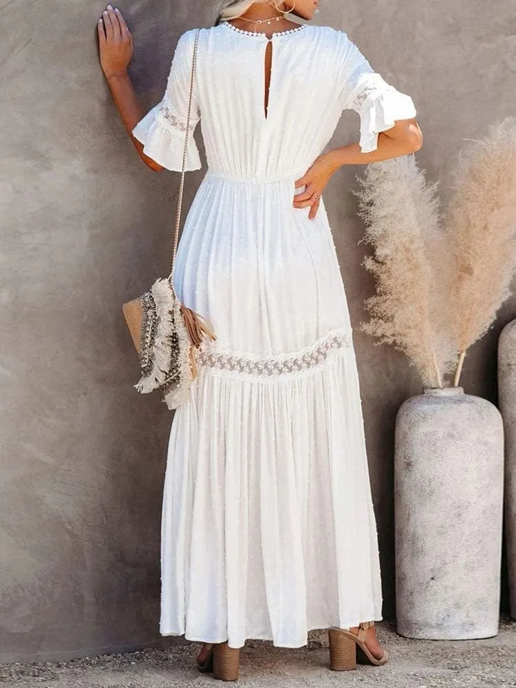 White Lace High Waist Boho Maxi Dress