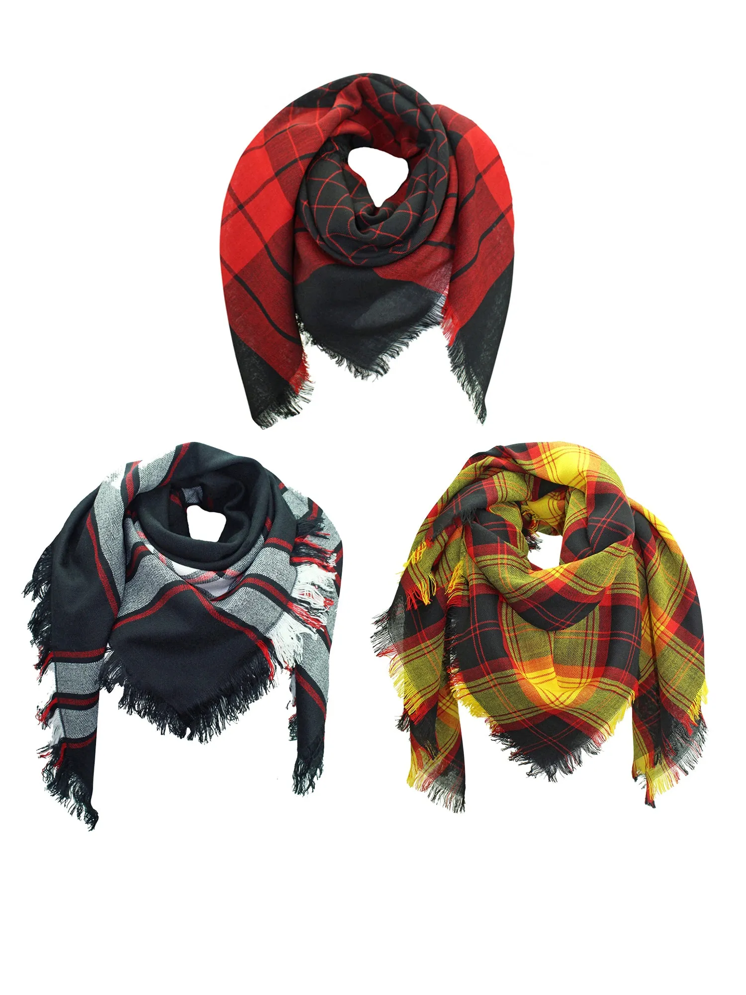 White Red Yellow 3 Pack Wool Plaid Blanket Scarf Shawl