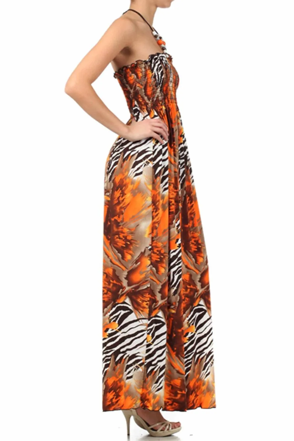 Wild Zebra Inspired Graphic Print Beaded Halter Smocked Bodice Long / Maxi Dress