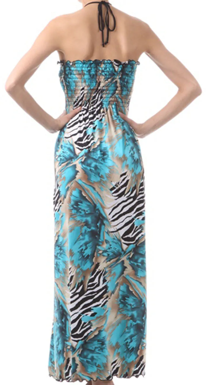 Wild Zebra Inspired Graphic Print Beaded Halter Smocked Bodice Long / Maxi Dress