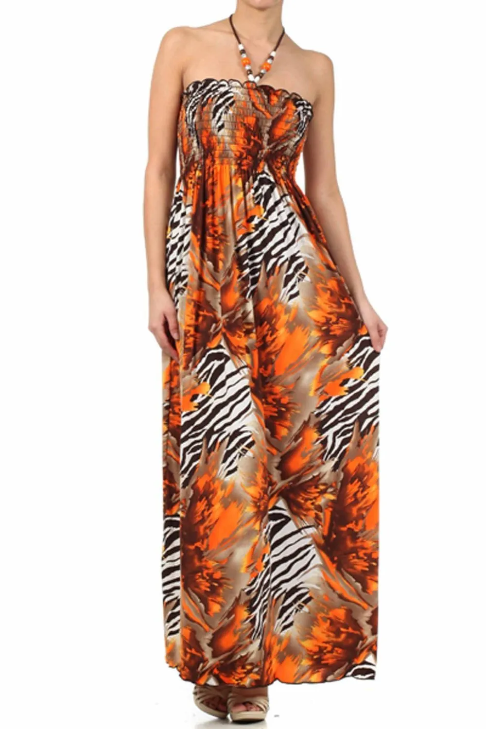 Wild Zebra Inspired Graphic Print Beaded Halter Smocked Bodice Long / Maxi Dress