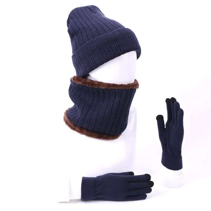 Winter Beanie Hat Scarf Gloves Three-piece Set Women Men Touch Screen Gloves Outdoor Warm Velvet Knitted Unisex Beanie Hats Sets