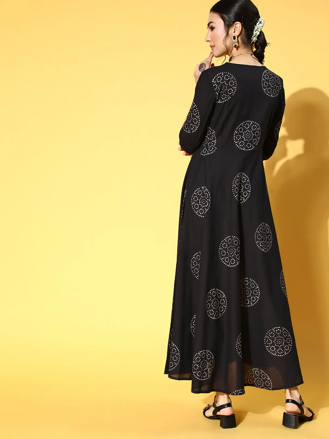 Women Black & White Ethnic A-Line Maxi Dress