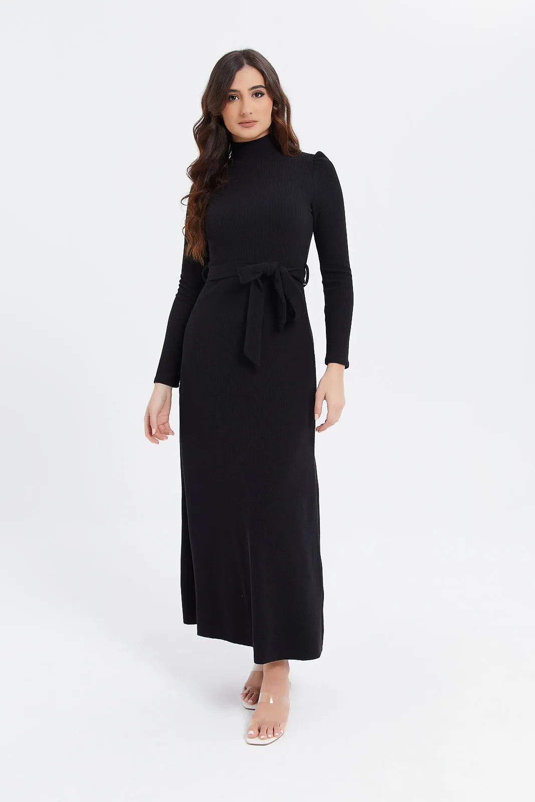 Women Black High Neck Ribbed Dress