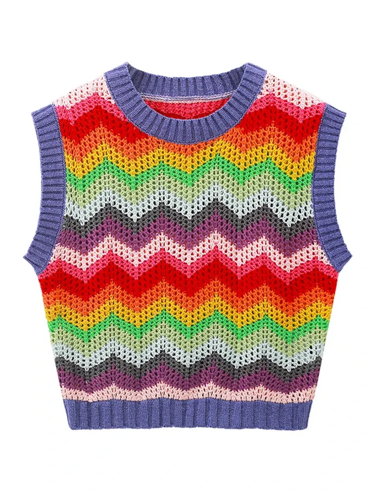 Women Fashion Rainbow Crop Knit Vest Sweater Vintage O Neck Sleeveless Female Waistcoat Chic Tops B-049