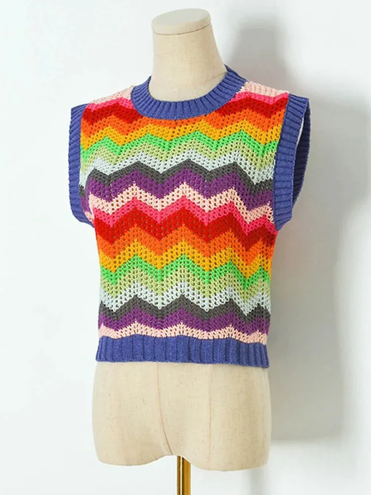 Women Fashion Rainbow Crop Knit Vest Sweater Vintage O Neck Sleeveless Female Waistcoat Chic Tops B-049