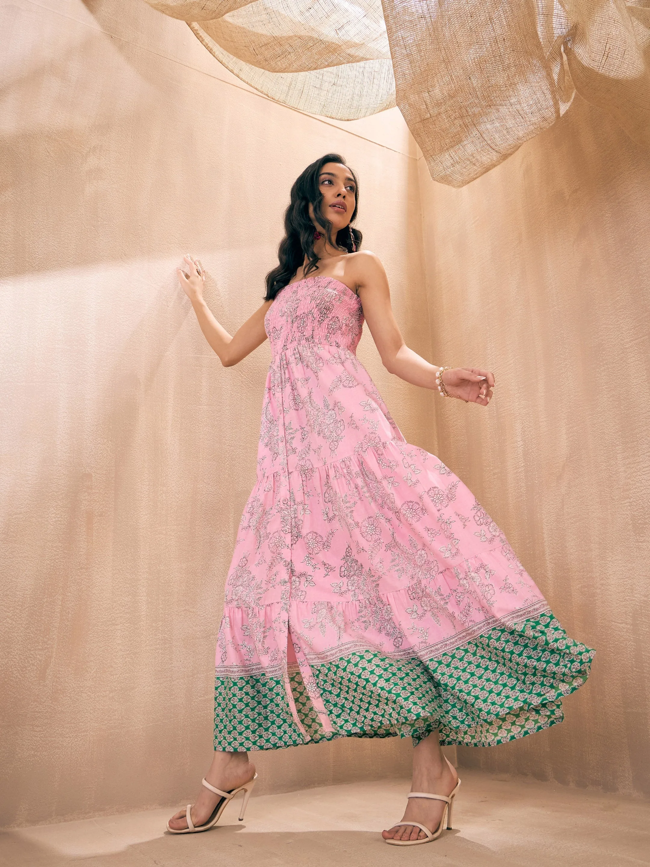 Women Pink Floral Tube Maxi