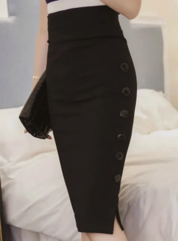 Women Skirt Midi Skirt Slim OL Sexy Open Slit Button