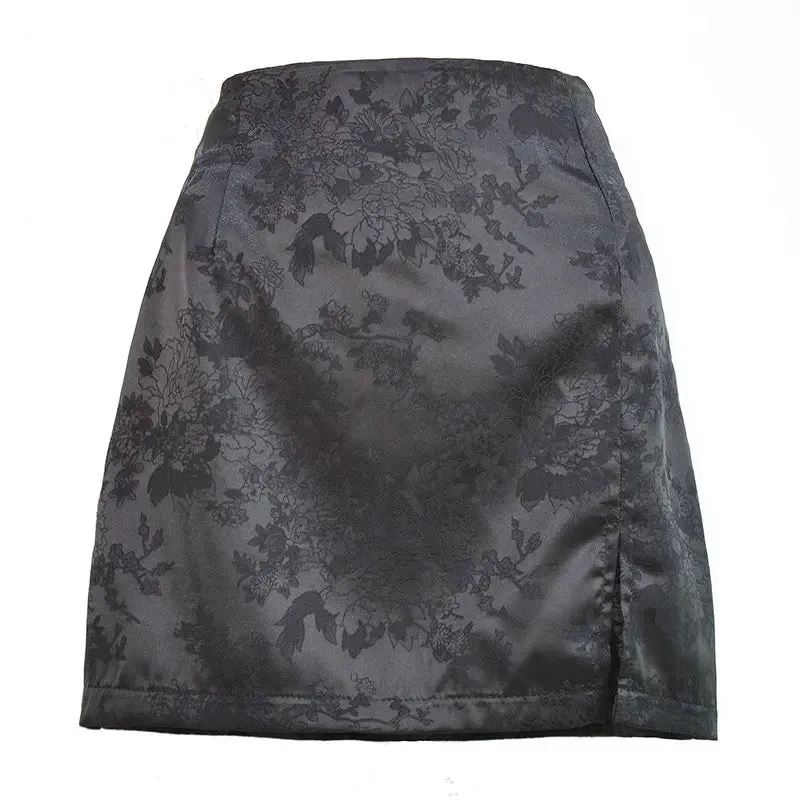 Women Summer Elegant Jacquard Satin Skirt Sexy High Waist Mini Skirt Vintage Zipper Pencil skirt with side Slit Y2K 2000s 90s