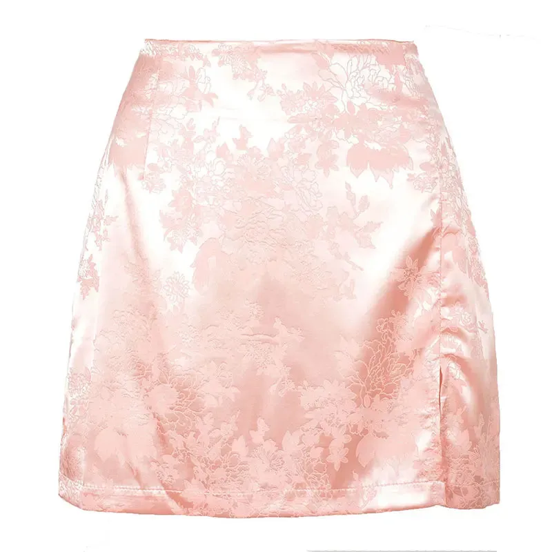 Women Summer Elegant Jacquard Satin Skirt Sexy High Waist Mini Skirt Vintage Zipper Pencil skirt with side Slit Y2K 2000s 90s