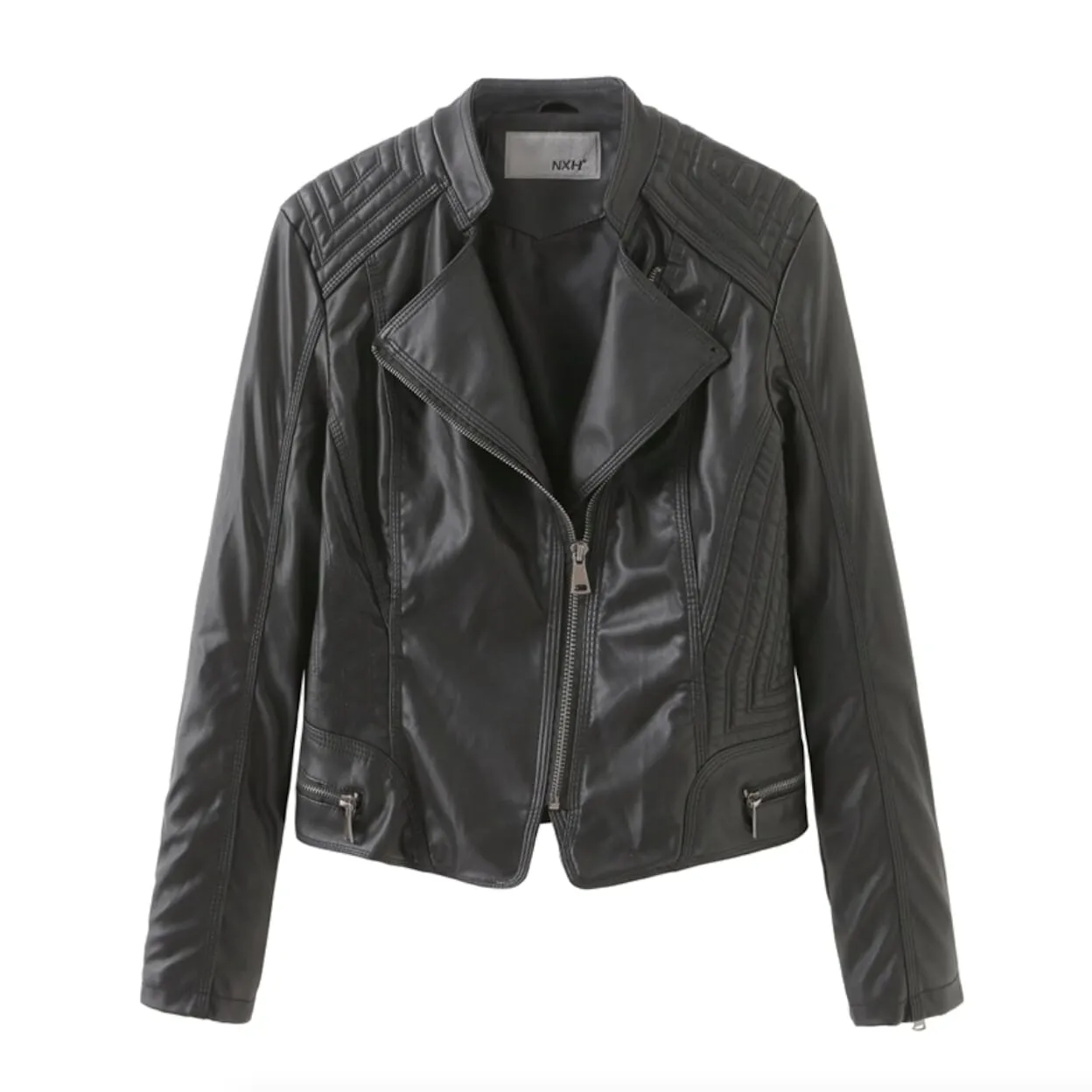 Womens Cropped Biker Jacket with Zipper Details