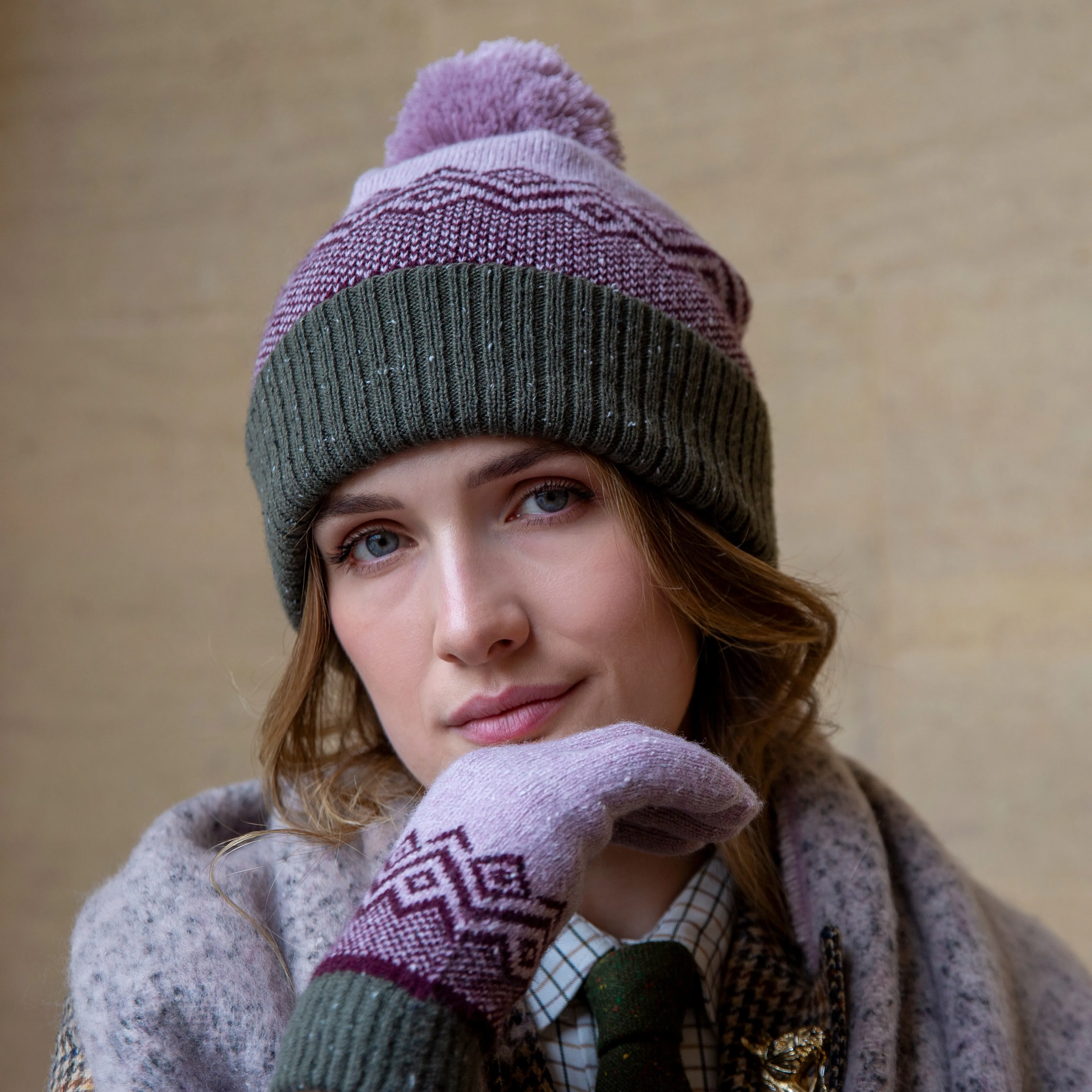 Women’s Jacquard Knitted Bobble Hat with Geometric Pattern