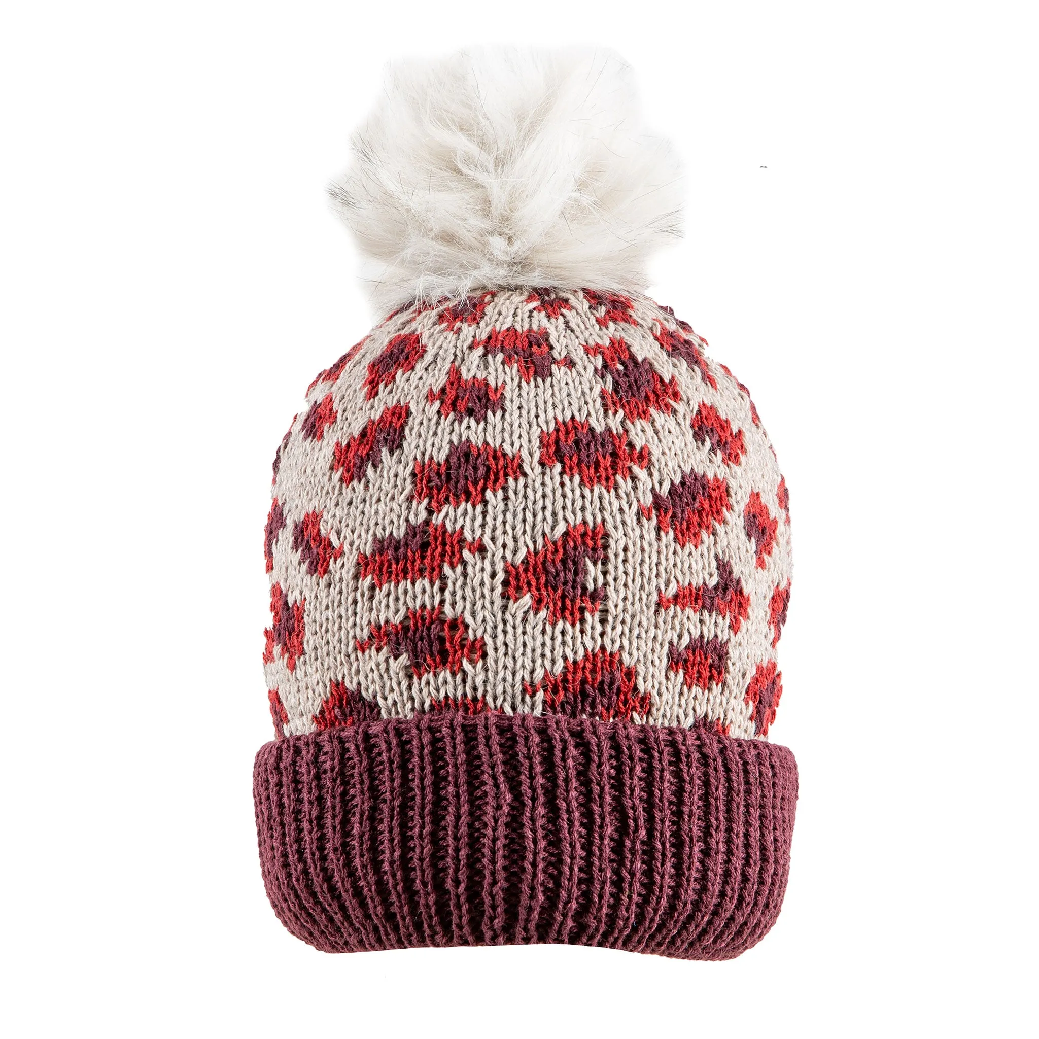 Women’s Jacquard Knitted Bobble Hat with Leopard Print Pattern and Faux Fur Pom Pom