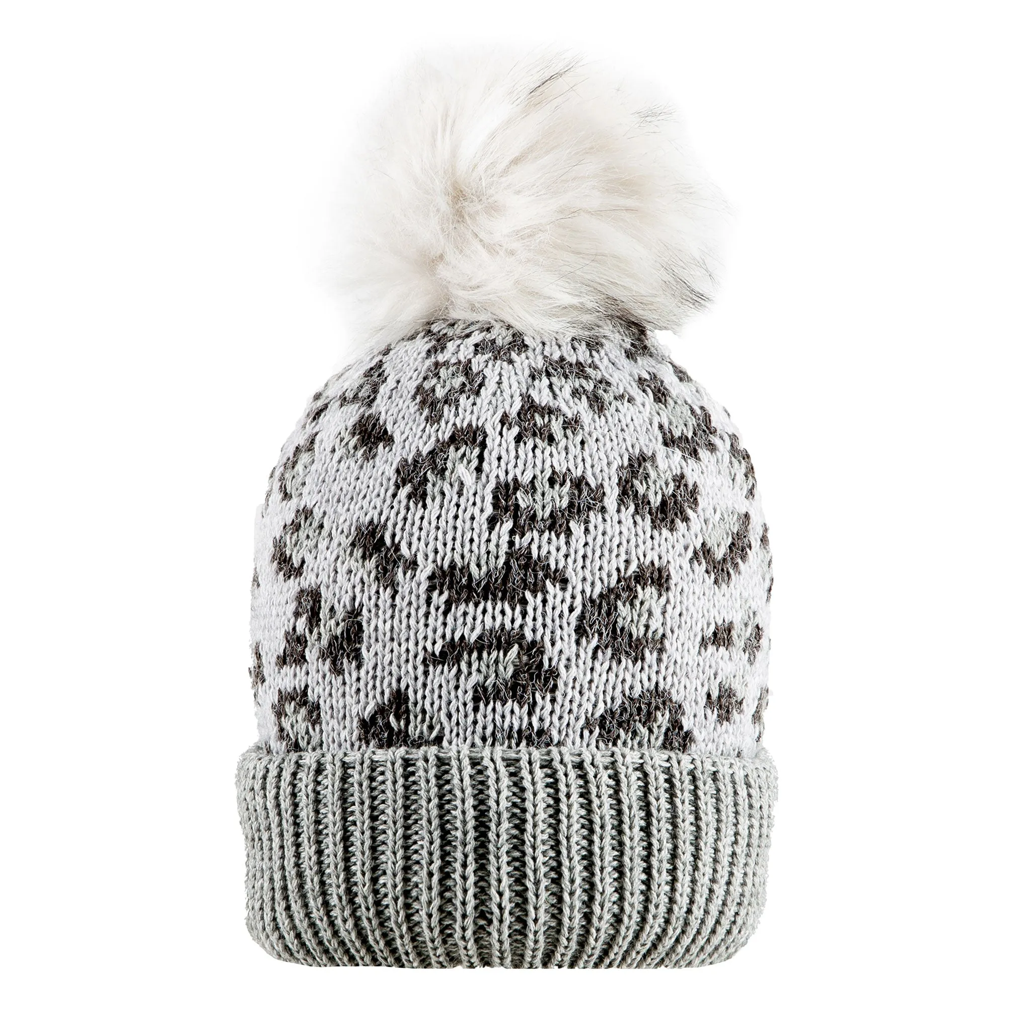 Women’s Jacquard Knitted Bobble Hat with Leopard Print Pattern and Faux Fur Pom Pom