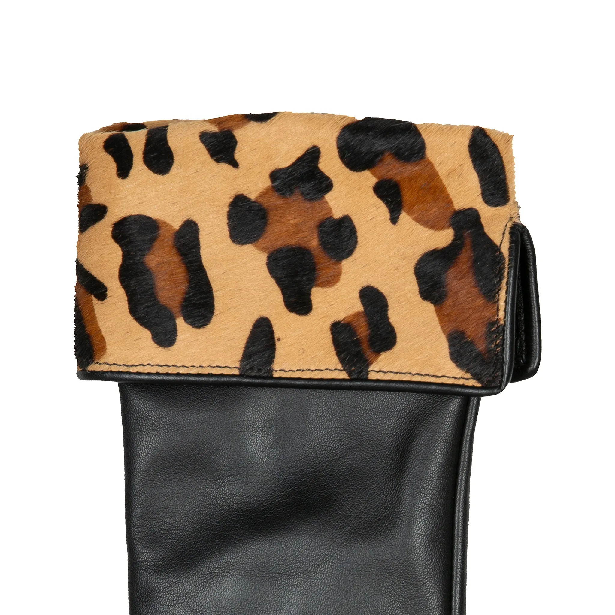 Women’s Lined Leather Gloves with Ponyskin Leopard Print Cuffs