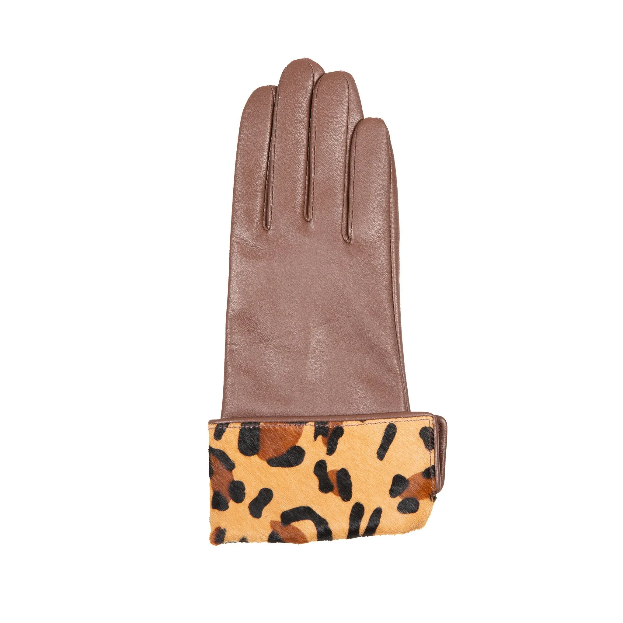 Women’s Lined Leather Gloves with Ponyskin Leopard Print Cuffs