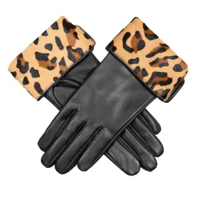 Women’s Lined Leather Gloves with Ponyskin Leopard Print Cuffs