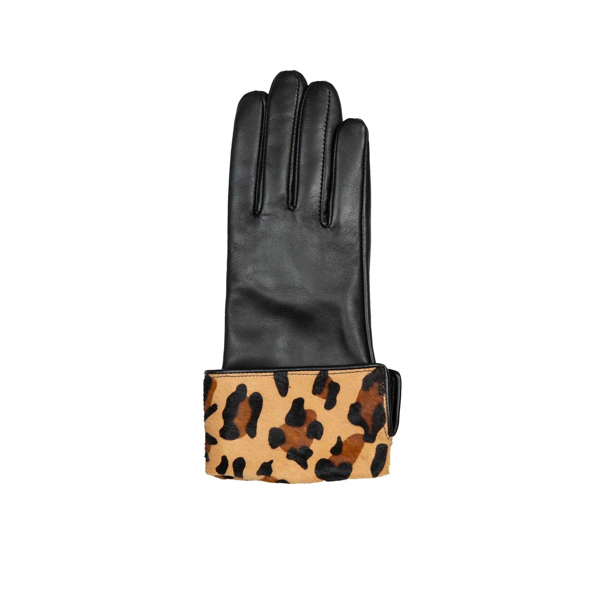 Women’s Lined Leather Gloves with Ponyskin Leopard Print Cuffs