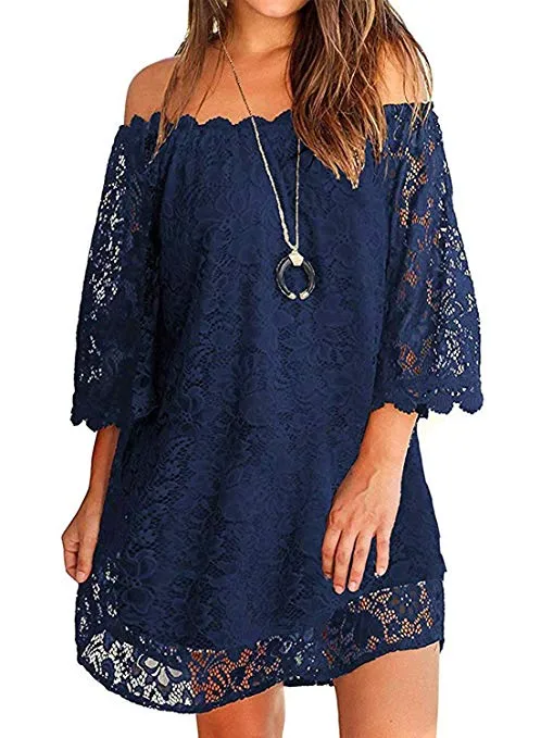 Women's Off Shoulder Flowy Vintage Lace Shift Loose Mini Dress