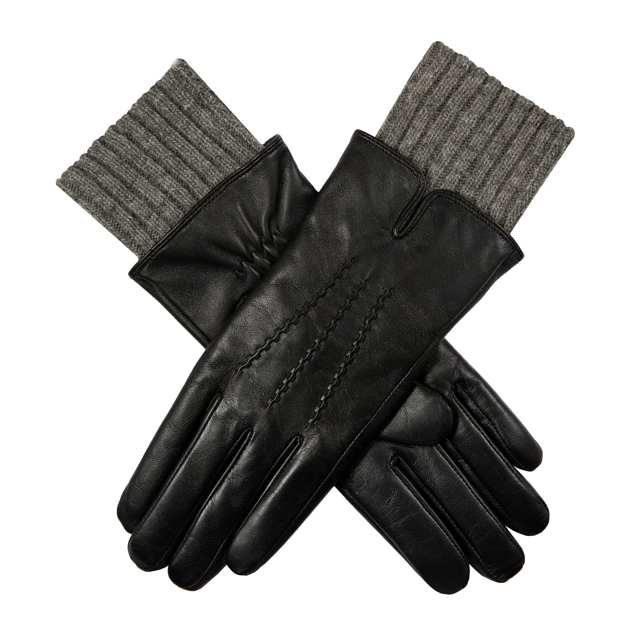 Women’s Three-Point Wool Blend-Lined Leather Gloves with Knitted Cuffs