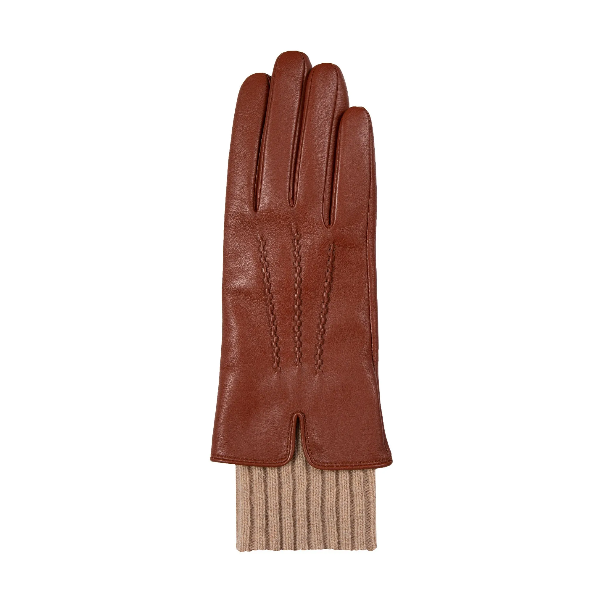 Women’s Three-Point Wool Blend-Lined Leather Gloves with Knitted Cuffs