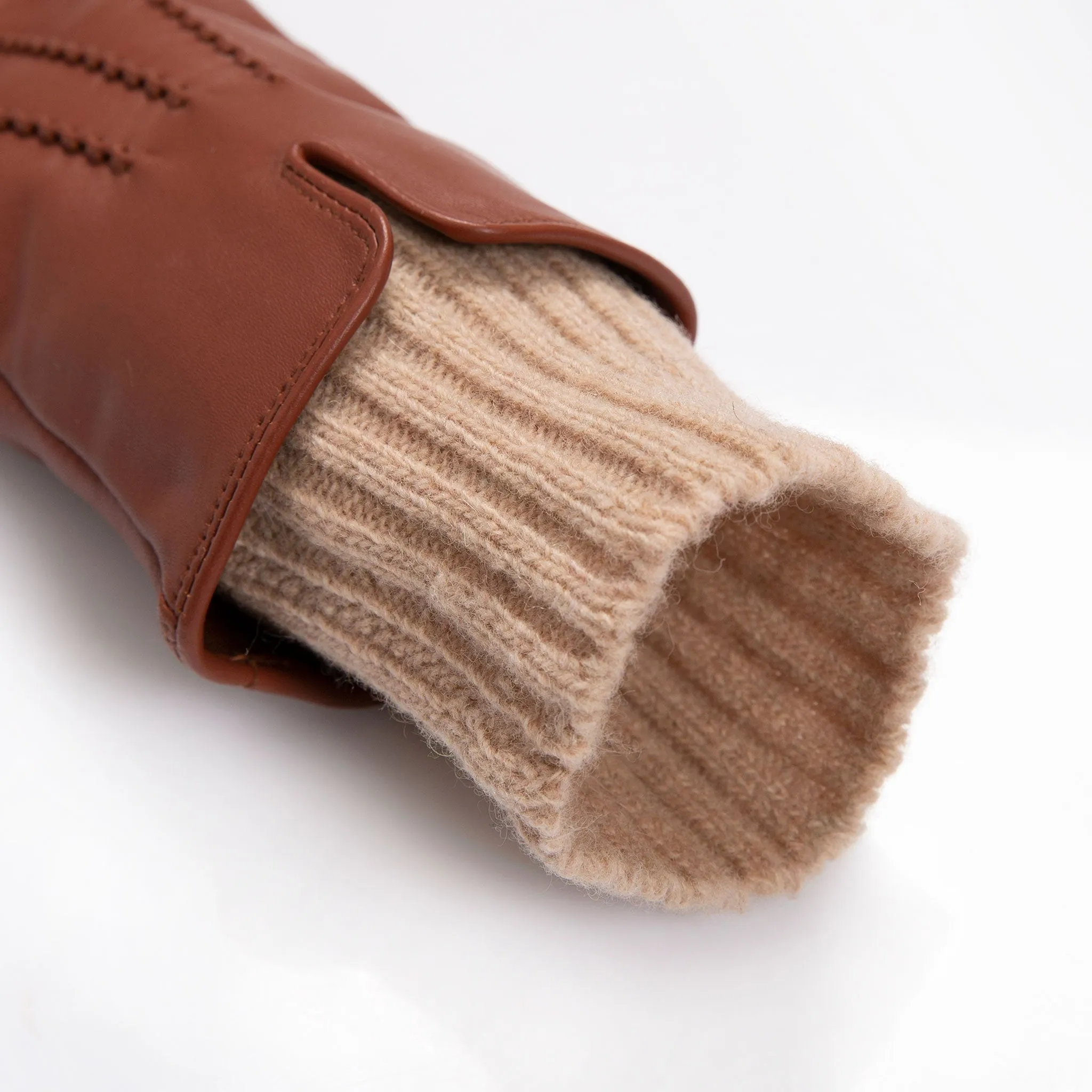 Women’s Three-Point Wool Blend-Lined Leather Gloves with Knitted Cuffs