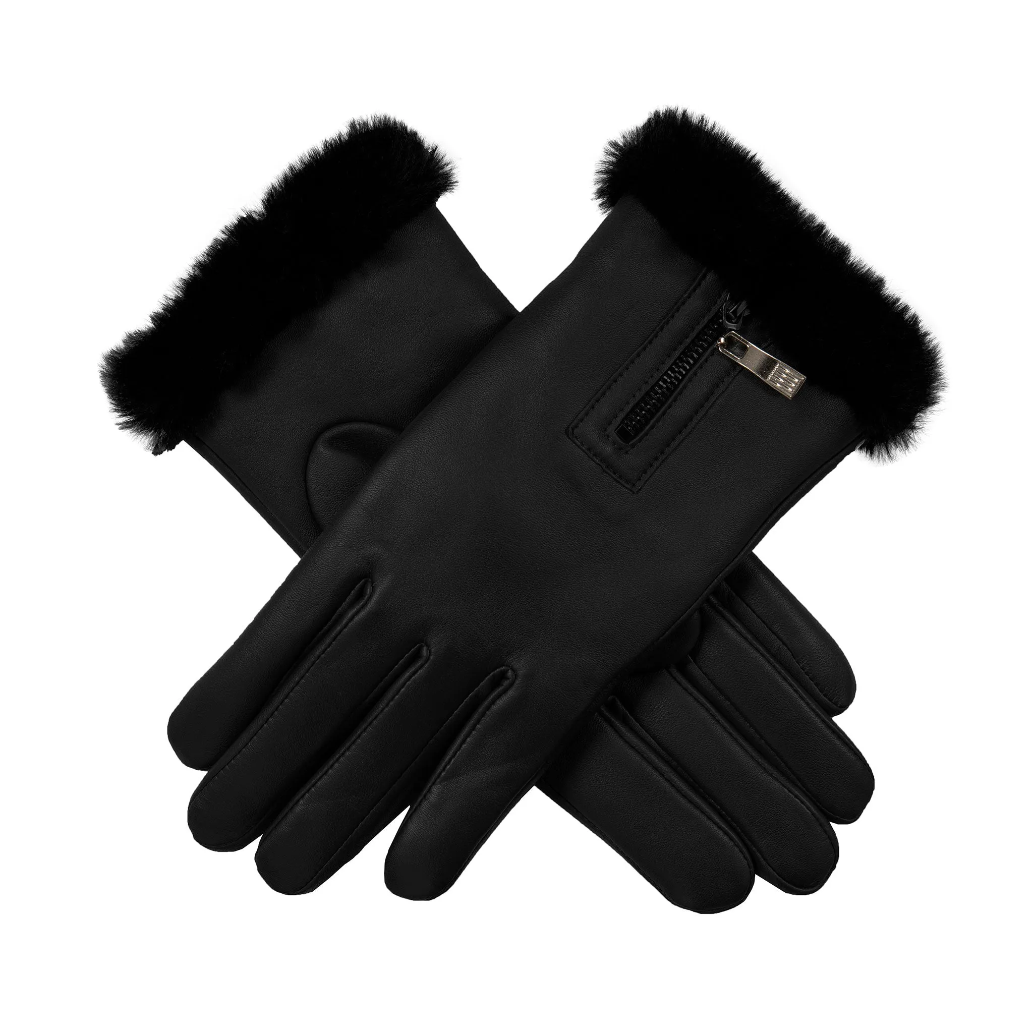 Women’s Touchscreen Faux Fur-Lined Leather Gloves with Zip