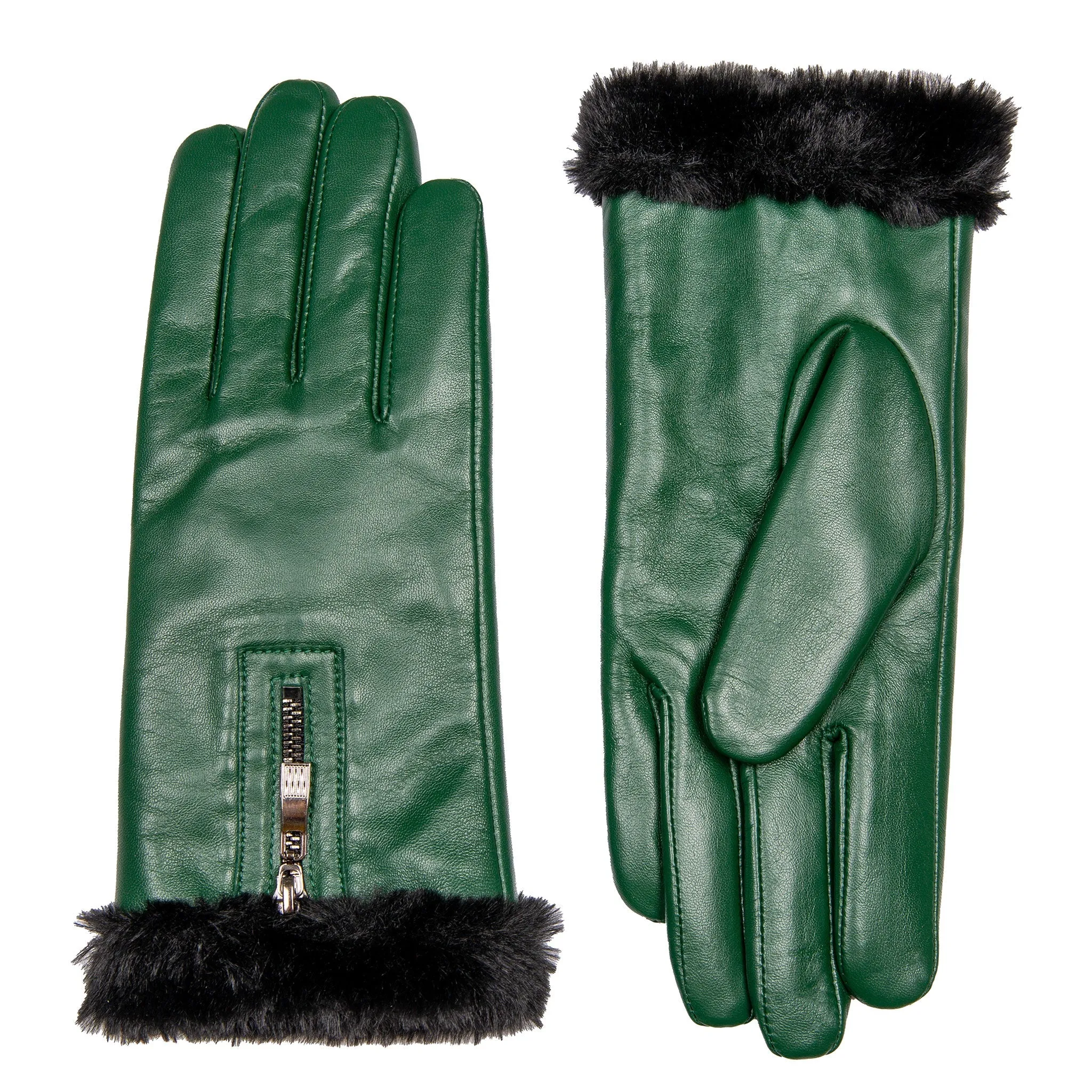 Women’s Touchscreen Faux Fur-Lined Leather Gloves with Zip