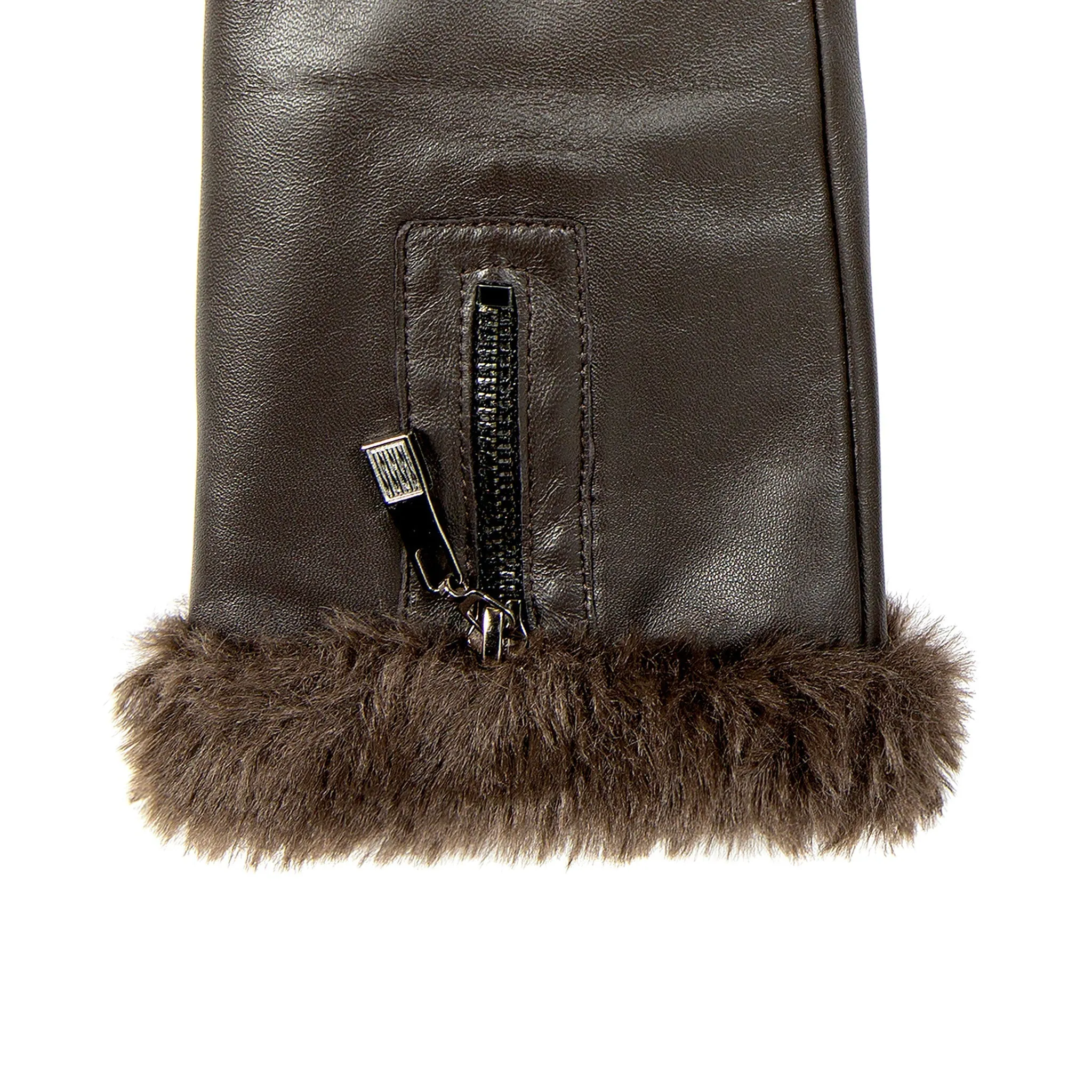 Women’s Touchscreen Faux Fur-Lined Leather Gloves with Zip