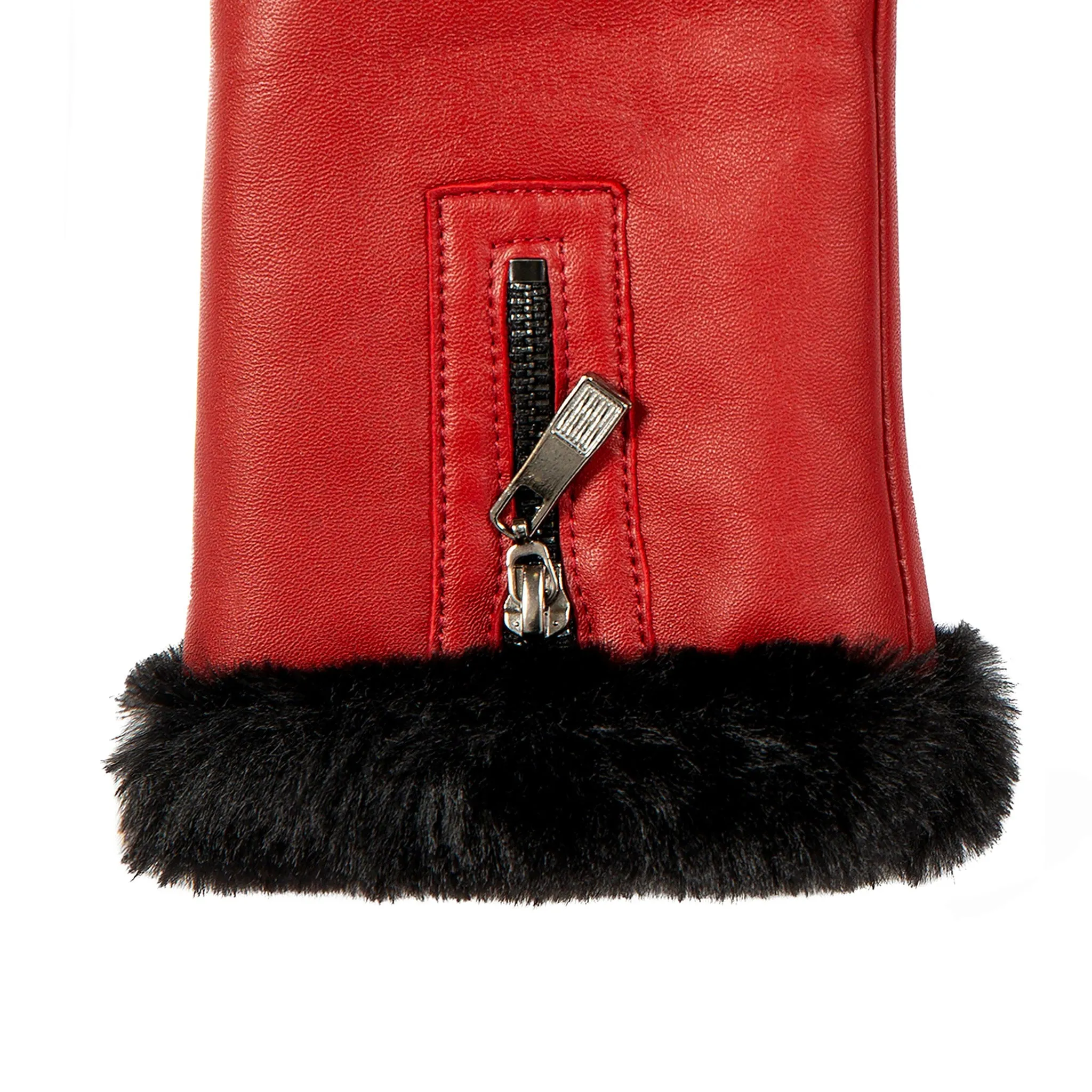 Women’s Touchscreen Faux Fur-Lined Leather Gloves with Zip