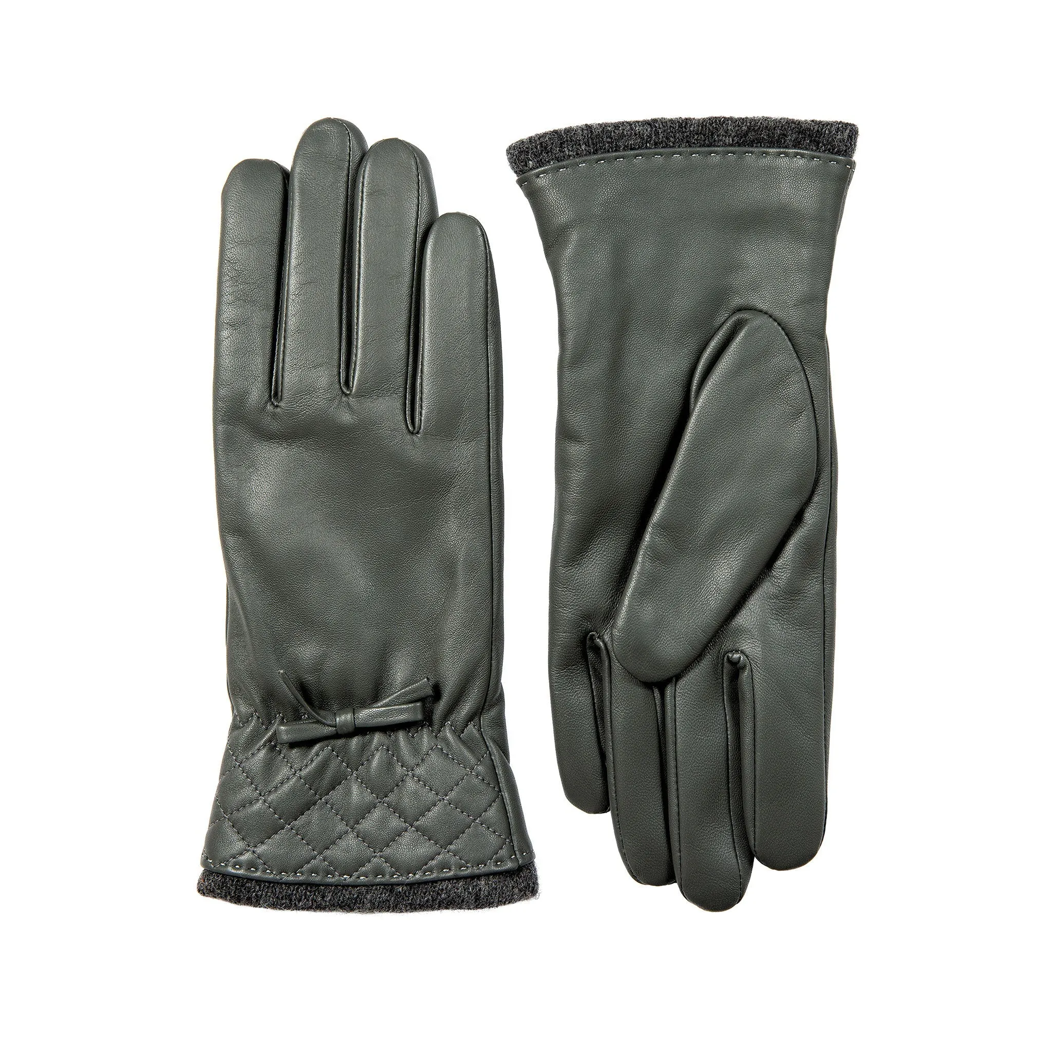 Women’s Wool-Lined Leather Gloves with Quilted Cuffs and Bow