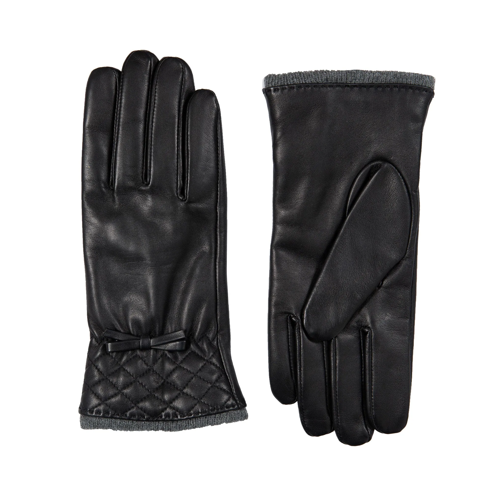 Women’s Wool-Lined Leather Gloves with Quilted Cuffs and Bow