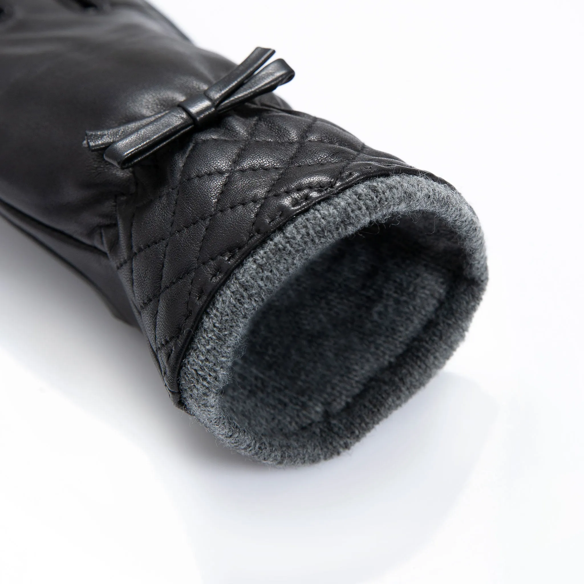 Women’s Wool-Lined Leather Gloves with Quilted Cuffs and Bow