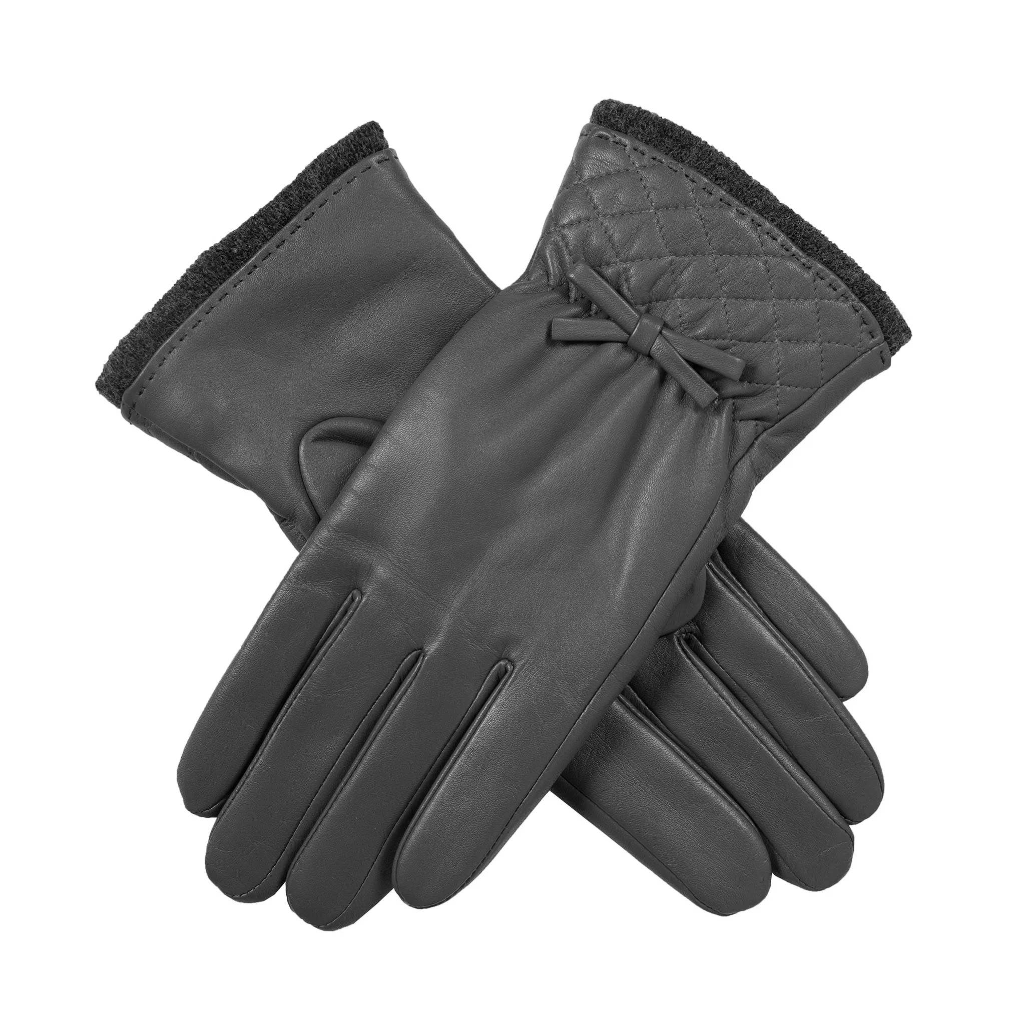 Women’s Wool-Lined Leather Gloves with Quilted Cuffs and Bow