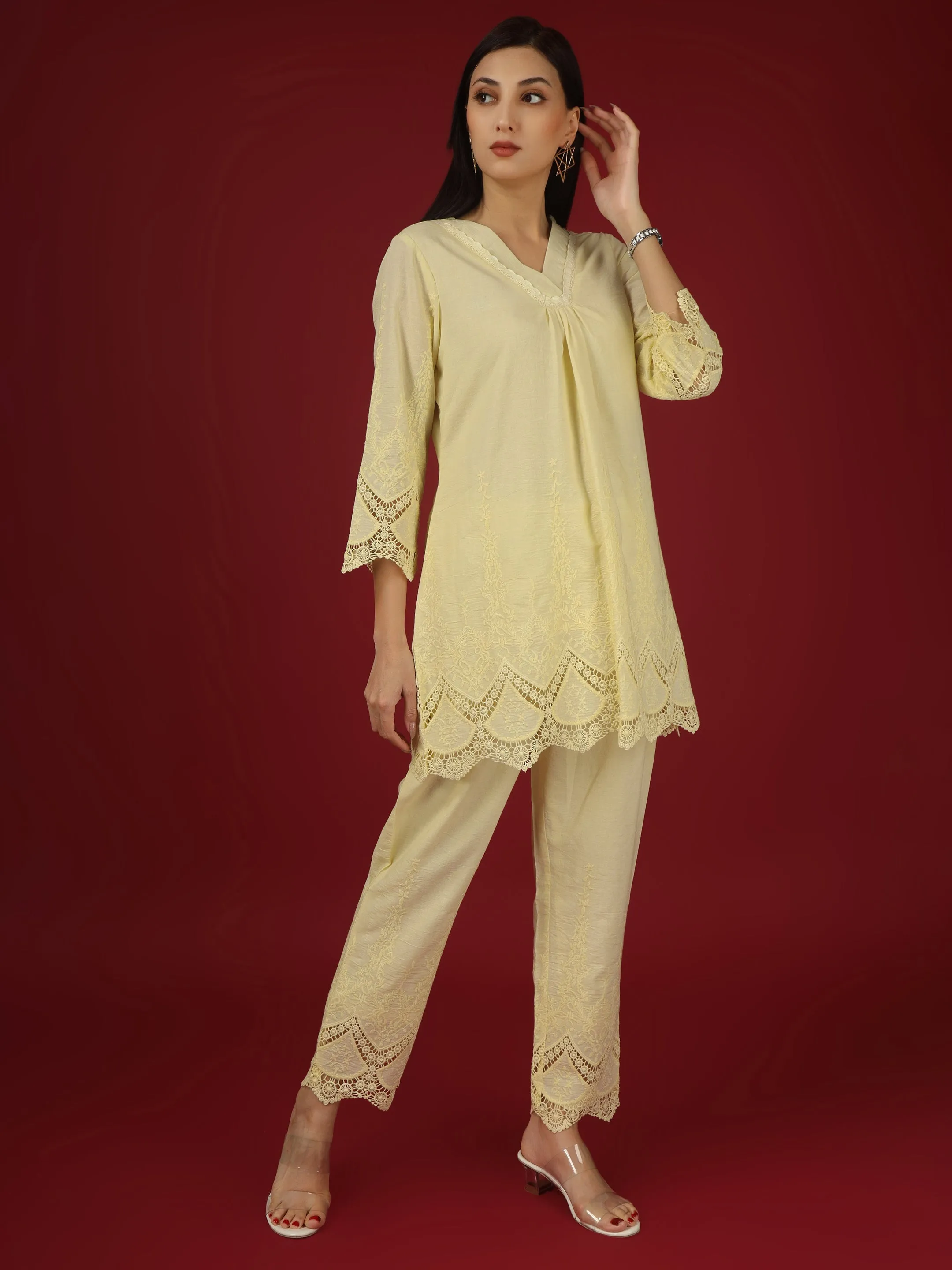 Yellow Embroidered Cotton Kurta with Pants- Set of 2