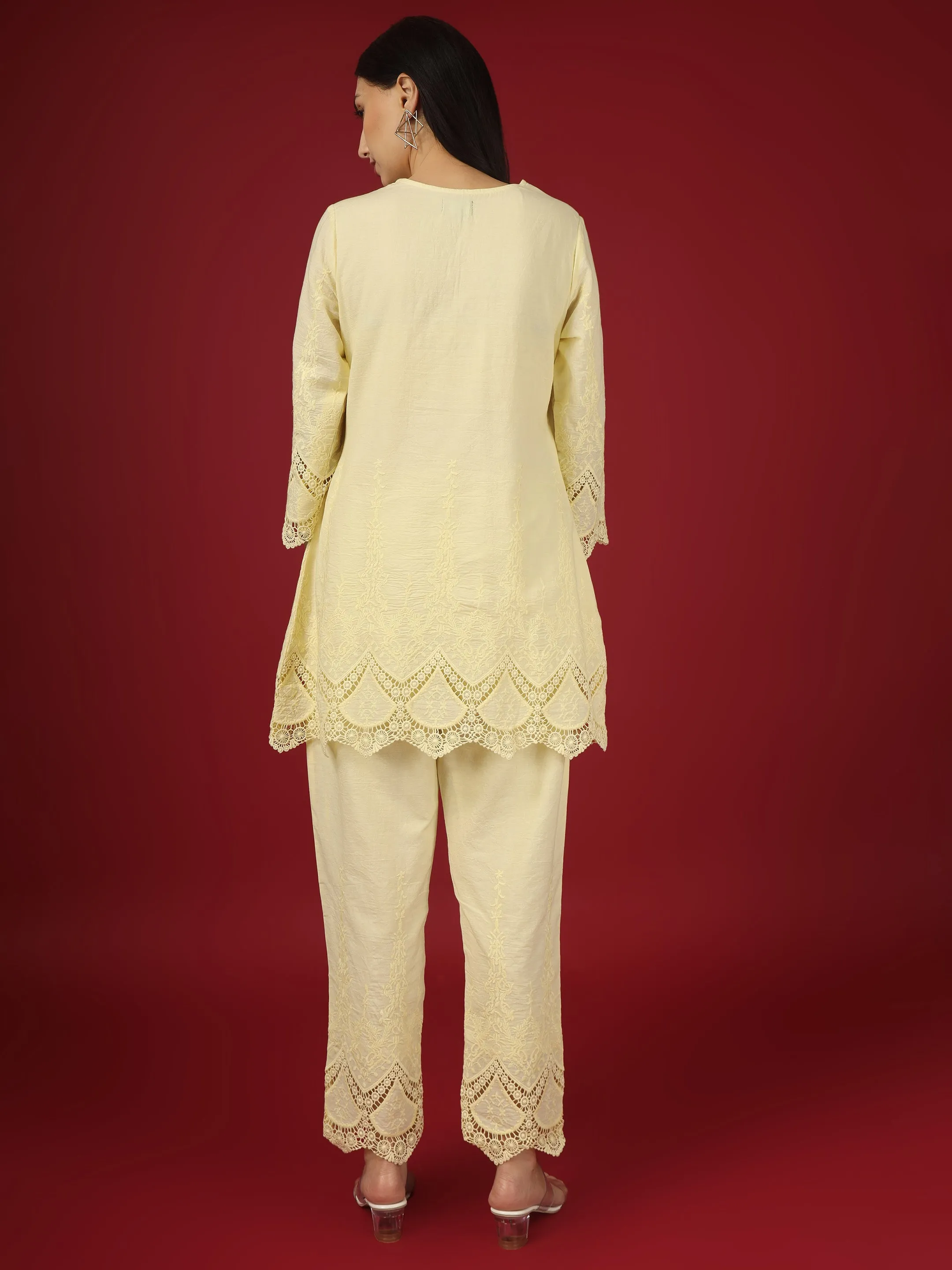 Yellow Embroidered Cotton Kurta with Pants- Set of 2