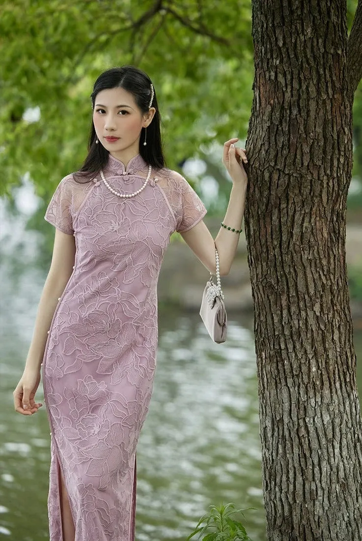 Yue 月 Moon 1920s Inspired Floral Lace Sheer Qipao