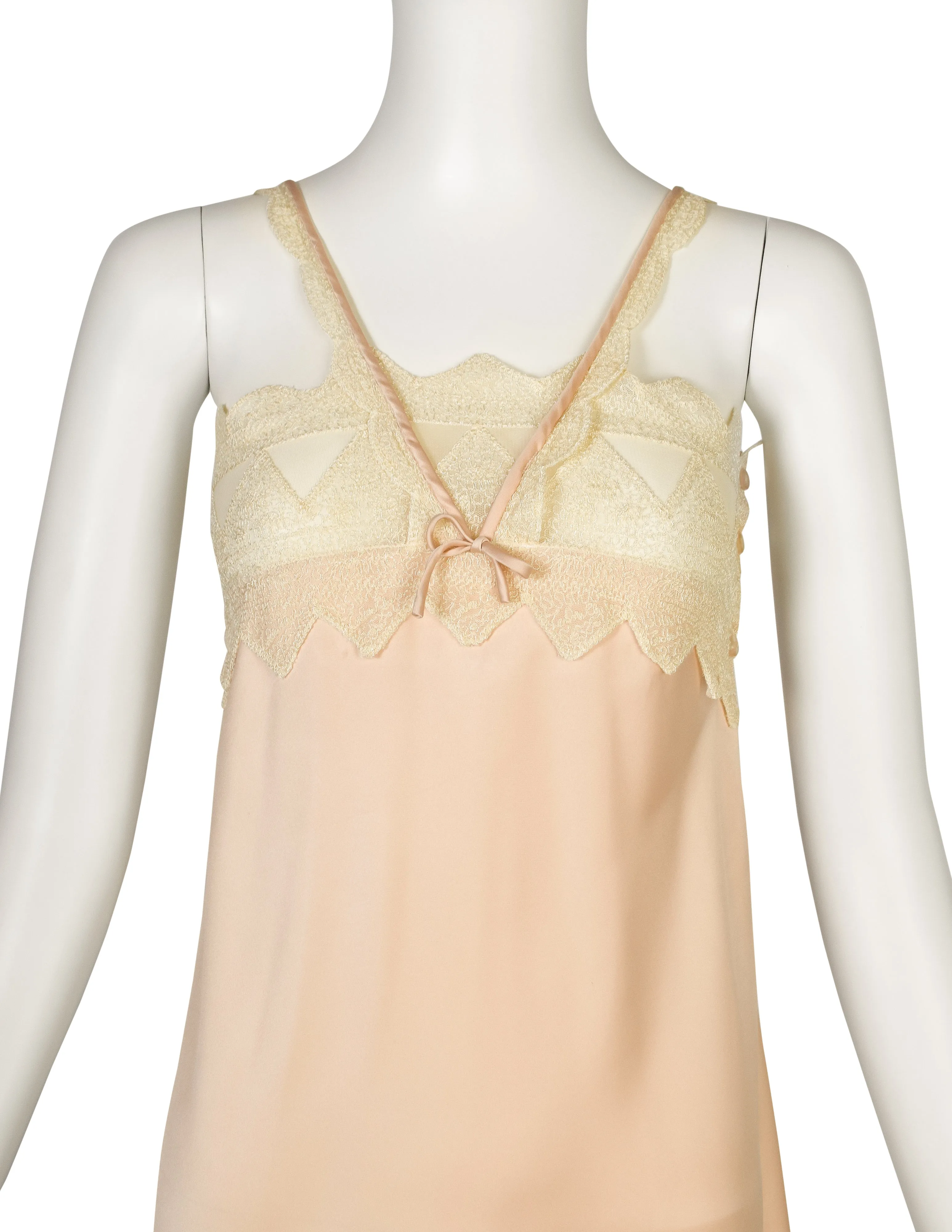 Zandra Rhodes Vintage 1970s Pale Pink Satin Cream Embroidered Slip Dress