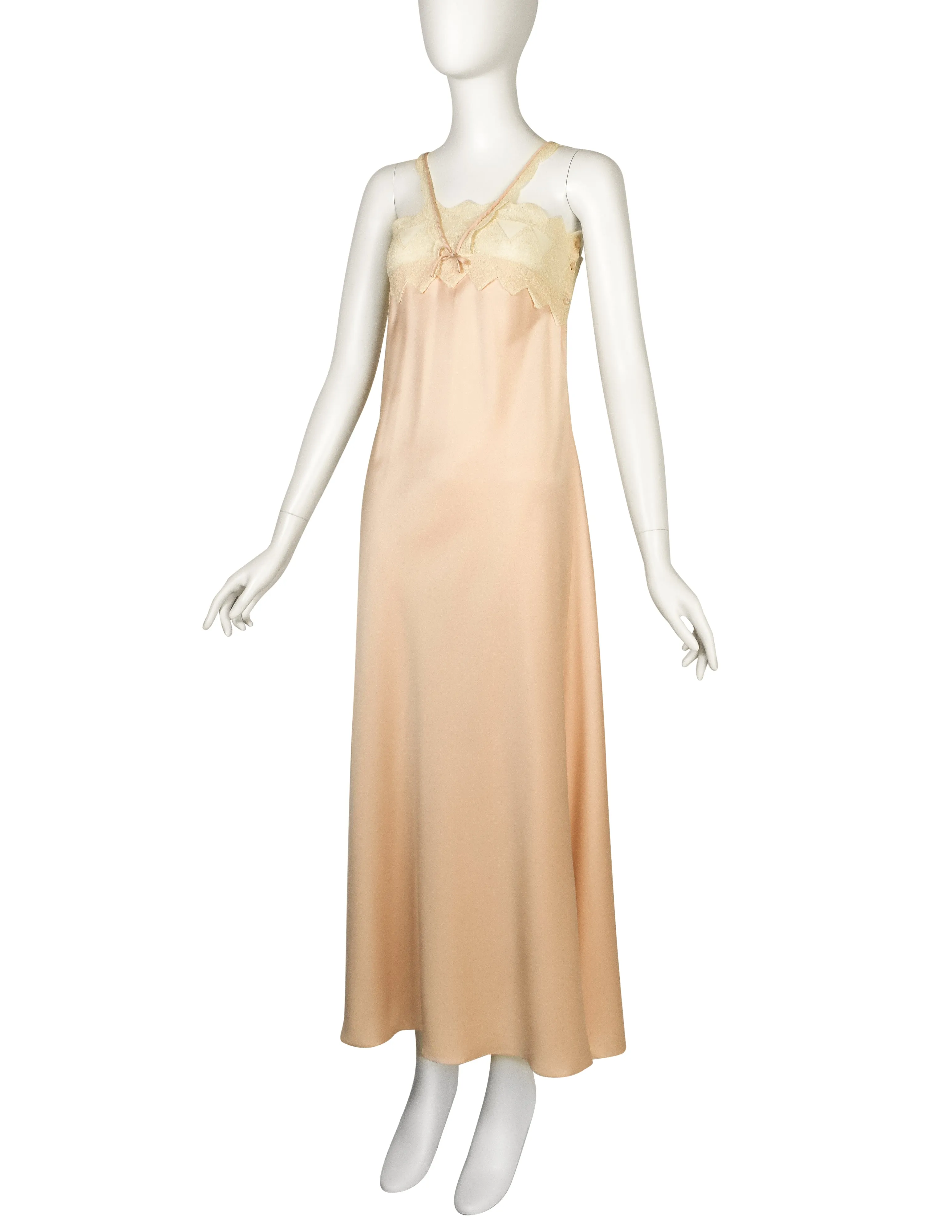 Zandra Rhodes Vintage 1970s Pale Pink Satin Cream Embroidered Slip Dress