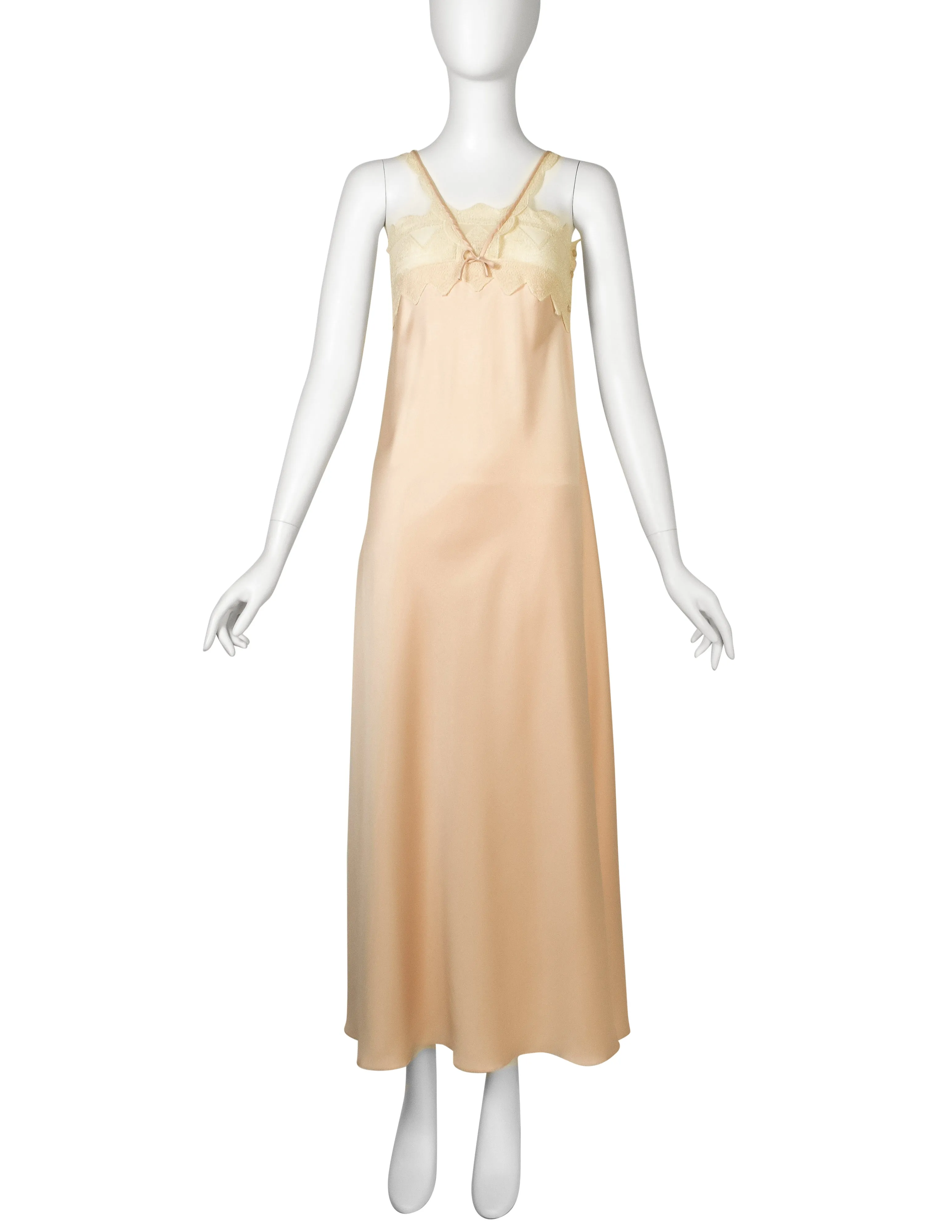 Zandra Rhodes Vintage 1970s Pale Pink Satin Cream Embroidered Slip Dress