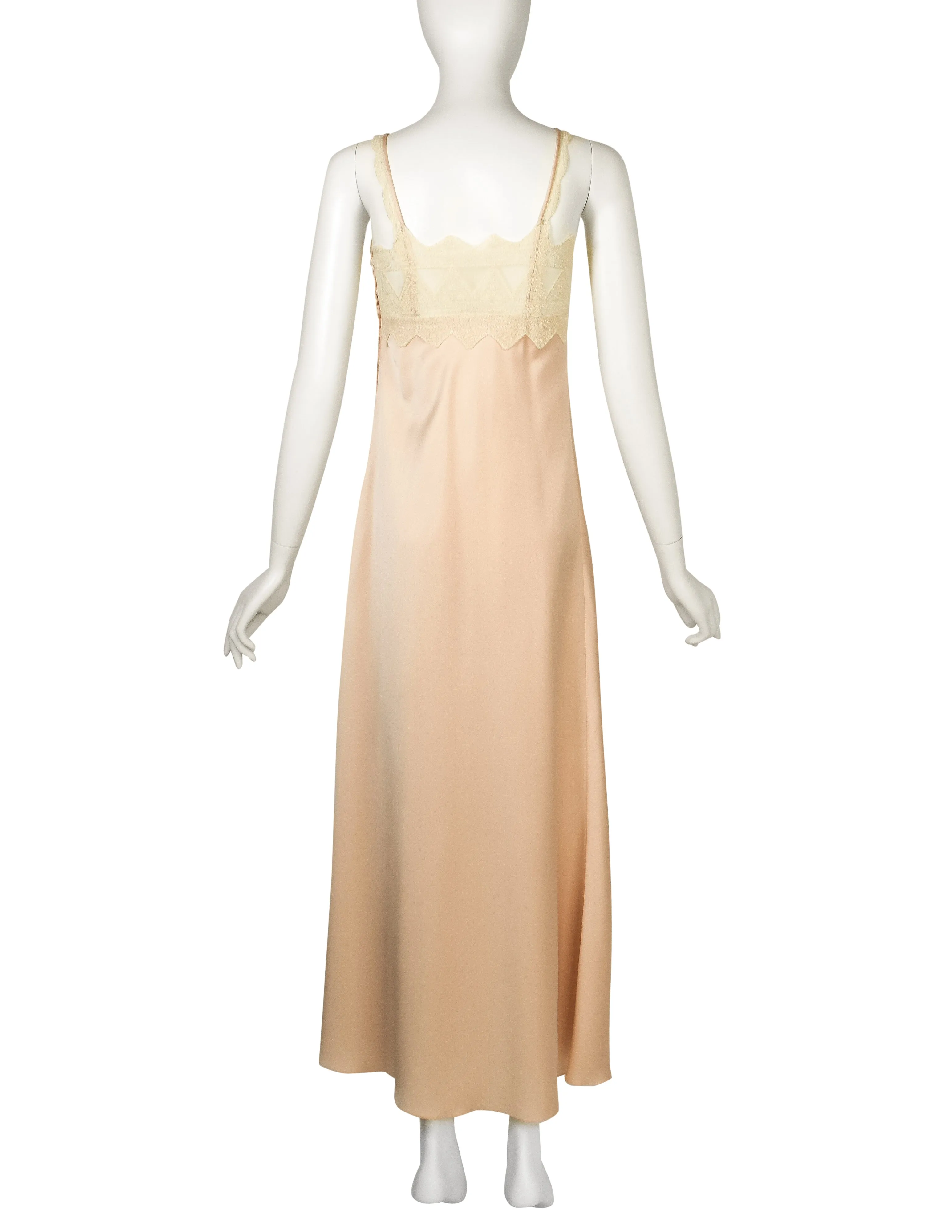 Zandra Rhodes Vintage 1970s Pale Pink Satin Cream Embroidered Slip Dress