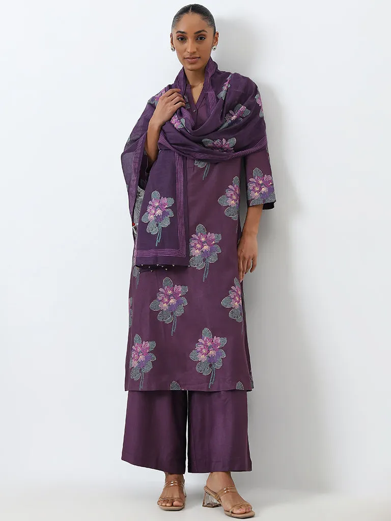 Zuba Purple Floral Printed Stole